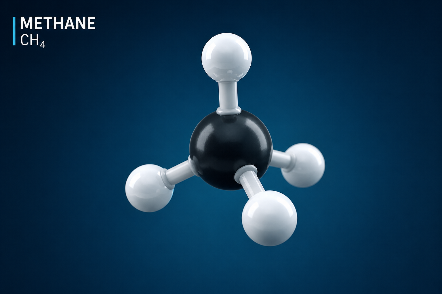 D model of a methane molecule (CH₄), illustrating its atomic structure.